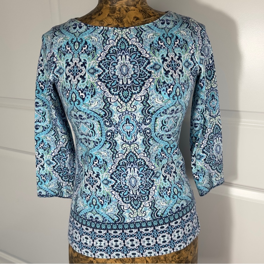 Talbots Blue and Aqua Medallion Boatneck Top